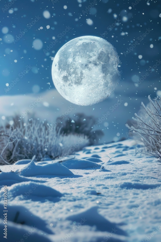 Poster a serene snow covered field with a full moon shining in the background. suitable for winter and natu