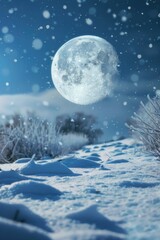 A serene snow covered field with a full moon shining in the background. Suitable for winter and nature themed projects - obrazy, fototapety, plakaty