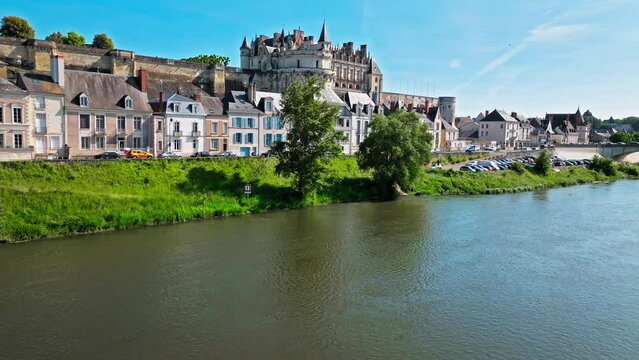 Aerial view of a former medieval fortress built on a rocky spur overlooking the River Loire and the town of Amboise. Gothic and Renaissance castle The Royal Ch&acirc;teau of Amboise in France. 