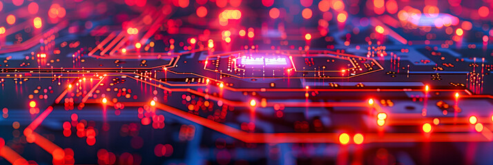 Advanced Technology Circuit, Computer Processor and Motherboard Concept in Blue and Red Digital Background