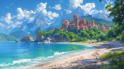 This is a picture of a seaside town, beach, and coast. Fantasy Backdrop. Concept Art. Realistic...