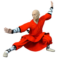 3D Rendering Shaolin Monk on White