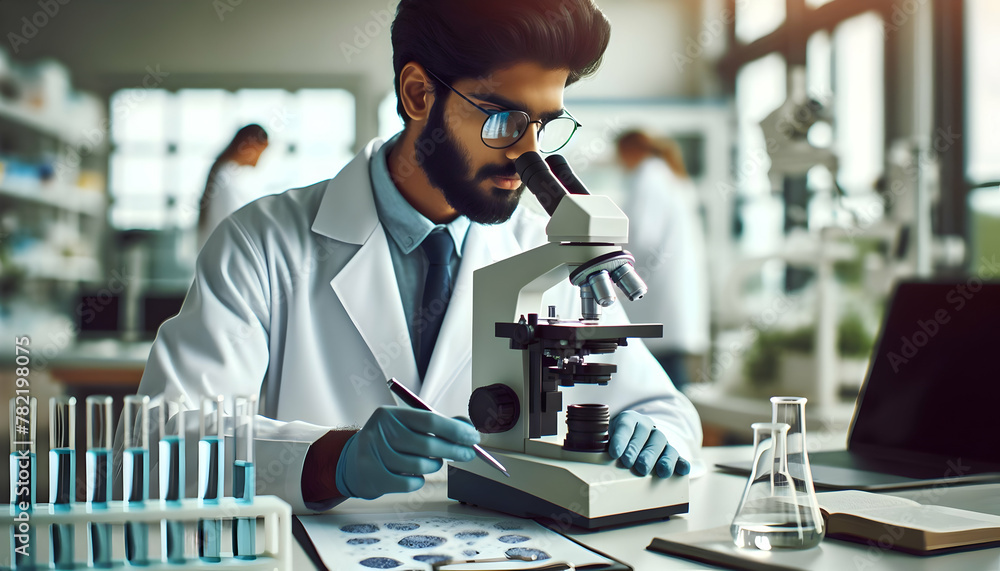 Poster scientist analyzing samples in high-tech lab: capturing the candid daily routine of research and ana