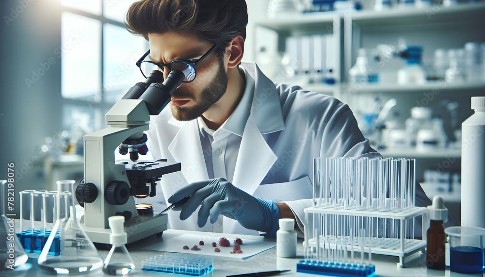 Poster scientist analyzing samples under microscope in high-tech lab - candid daily routine of work