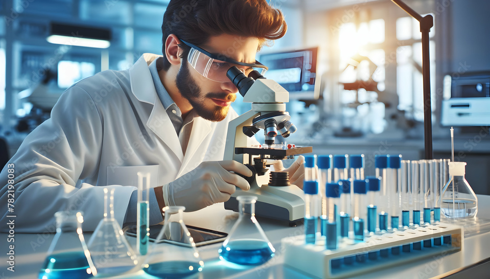 Poster scientist analyzing samples under microscope in high tech lab - candid daily work routine