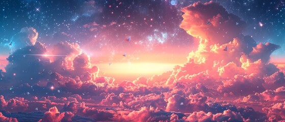 With flying fluttering butterflies, glowing stars and mysterious clouds, this banner background depicts a fantasy fairy tale sunrise.