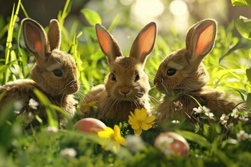 Obraz premium Two rabbits relaxing in the green grass, perfect for nature themes