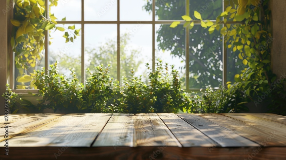 Poster Simple wooden table in front of a window. Perfect for showcasing products or creating a cozy atmosphere