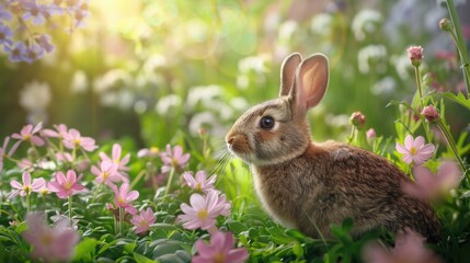A rabbit sitting peacefully in a field of colorful flowers. Perfect for nature or wildlife concepts