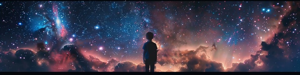 Fototapeta na wymiar Child gazing at the mesmerizing cosmos. Imagination and astronomy concept