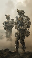 Military soldiers in formation on a dusty battlefield. Defense and armed forces concept