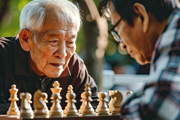 Senior old man playing chess together. - obrazy, fototapety, plakaty