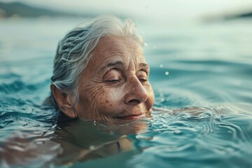 An older woman enjoying a peaceful swim in the ocean, suitable for wellness and retirement concepts