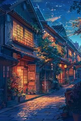 Fototapeta na wymiar Digital painting of a traditional Japanese street at dusk. Cultural heritage and travel concept