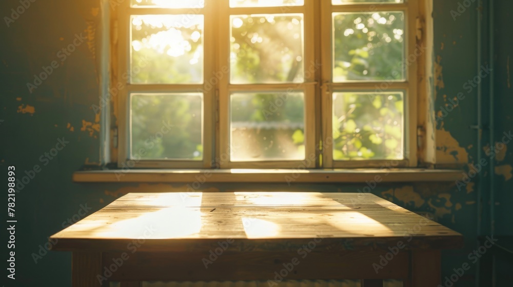 Poster A wooden table placed in front of a window. Perfect for interior design concepts