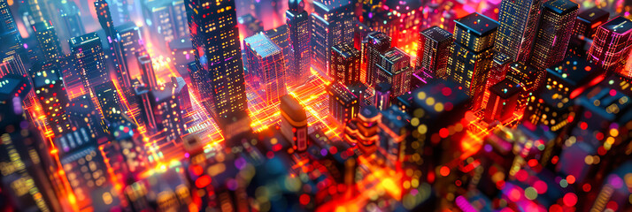 Fototapeta na wymiar Aerial View of Illuminated City Skyline, Abstract Concept of Urban Architecture and Night Technology