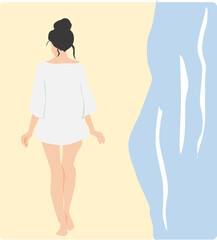浜辺を白いTシャツを着た女性が歩いているイラスト