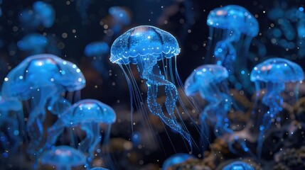 Group of jellyfish swimming peacefully in the ocean. Suitable for marine life concepts - obrazy, fototapety, plakaty