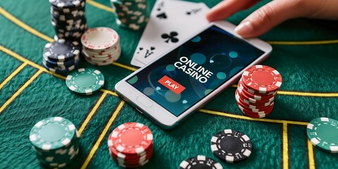 Casino online play gaming app smartphone chips poker cards, advertising, banner, luck chance