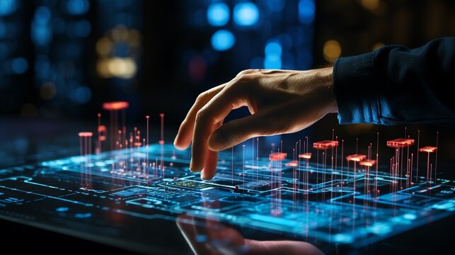 A hand adjusting settings on a holographic display of operational metrics, metrics changing, dynamic lighting.