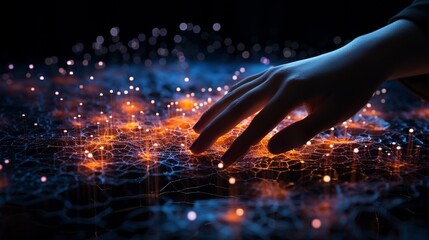 A hand moving through a holographic field of digital data points, data points interconnected, vibrant trails.