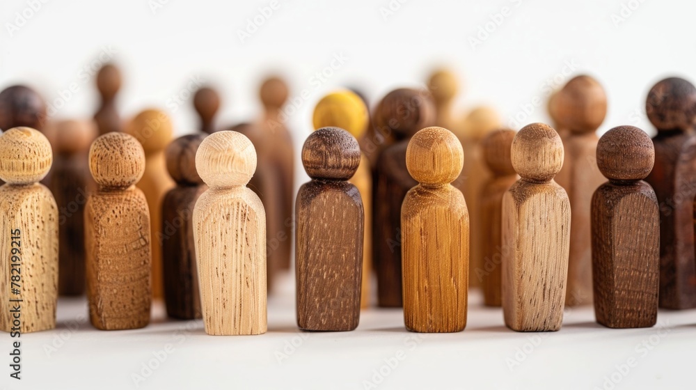 Poster a group of wooden figures standing in a row. suitable for business concepts