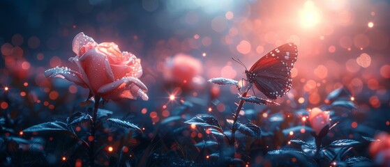 Stunning fantasy enchanted fairy tale landscape with blooming pink roses and flying butterflies on a blurred mysterious blue background and glowing moon ray at night. - obrazy, fototapety, plakaty
