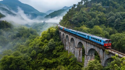 Fototapeta premium Train on the bridge in the jungle forest