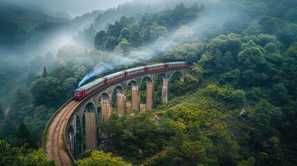 Train on the bridge in the jungle forest - obrazy, fototapety, plakaty
