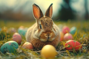 Fototapeta na wymiar A rabbit sitting in the grass surrounded by colorful Easter eggs. Perfect for Easter-themed designs