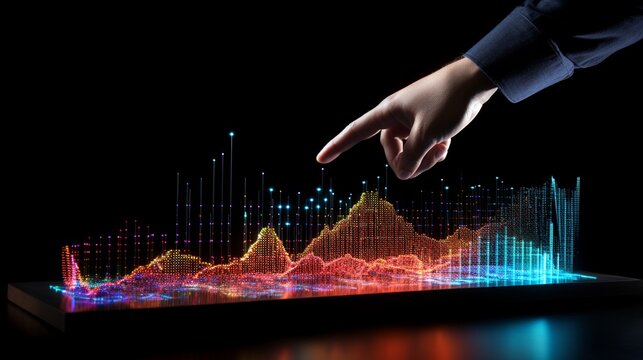 Fingers drawing a curve on a holographic projection of a revenue graph, interactive data, vivid display.