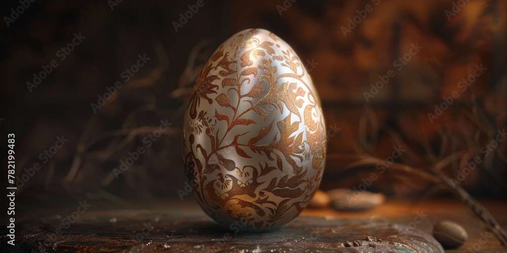 Poster a golden egg resting on a rustic wooden table. suitable for business concepts