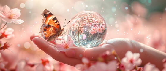 An illustration for World Earth Day. The theme is to protect the environment and protect clean green planets. The image shows a ball of glass, butterfly, and a growing cherry blossom in the hand of a