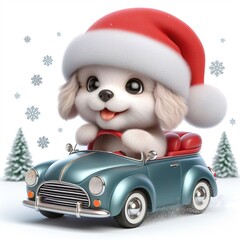 a cute puppy wearing Christmas Santa Claus hat driving car , funny, happy