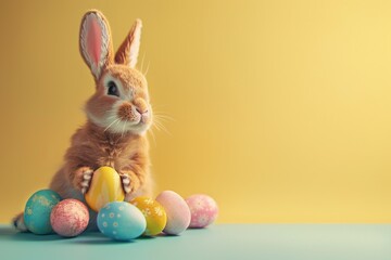 Fototapeta premium A small rabbit sitting on top of a pile of eggs. Suitable for Easter themes