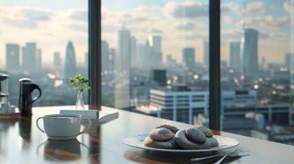 Plate of doughnuts with a city view, perfect for food blogs