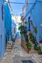 Casamassima, Italia. Casa blu nel centro storico di Casamassima. Regione Puglia, Italia.