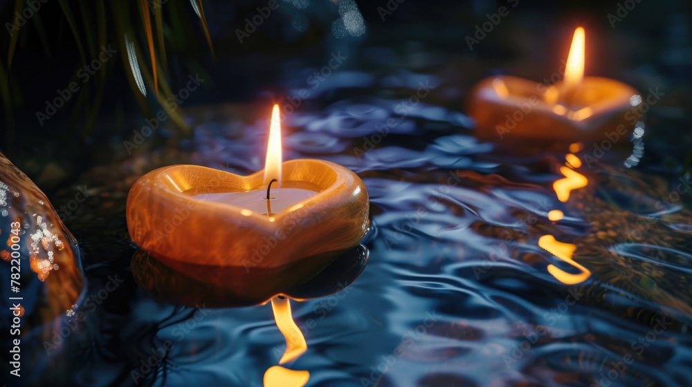 Poster Two lit candles floating in a pond of water. Ideal for relaxation and meditation concepts