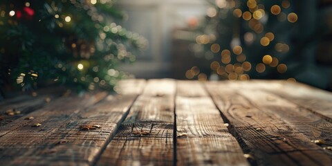 A festive wooden table with a Christmas tree in the background. Suitable for holiday-themed designs