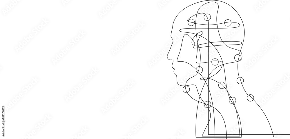 Poster continuous one line drawing of person profile with dots. problems, stress, brainstorm, idea concept 
