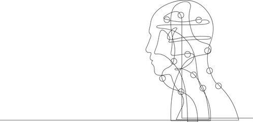 Continuous one line drawing of person profile with dots. Problems, stress, brainstorm, idea concept in doodle style. Single line vector.