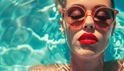 Illustration Elegant woman submerged in water wearing sunglasses. Luxury and summer fashion concept. - obrazy, fototapety, plakaty