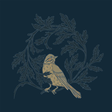 Vintage floral wreath with a bird. Nature vintage element. Arts and Crafts movement inspired. Isolated. iector design element.