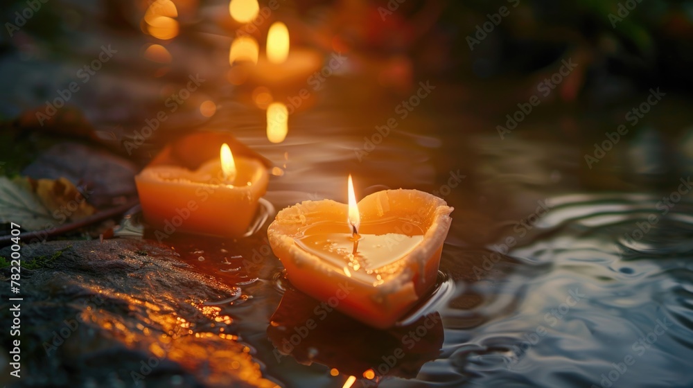 Poster a serene image of candles floating on water. perfect for relaxation or meditation concepts