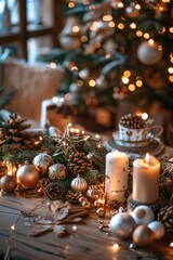 Obraz na płótnie Canvas Festive table setting with candles near a Christmas tree. Perfect for holiday celebrations