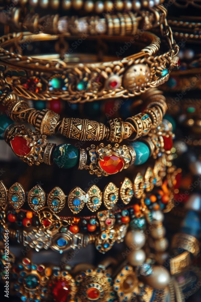 Poster a close-up view of a bunch of bracelets. suitable for fashion and accessories concepts
