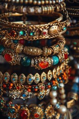 A close-up view of a bunch of bracelets. Suitable for fashion and accessories concepts