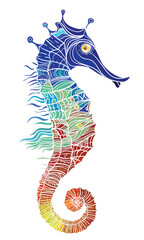 Colorful seahorse, decorative ornate colorful vector illustration isolated on white