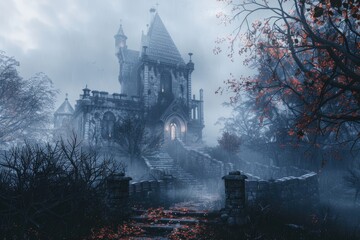 A mysterious gothic castle in the fog with a path leading to it. Suitable for fantasy and mystery themes - obrazy, fototapety, plakaty
