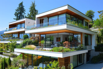 Fototapeta na wymiar Modern white residential house with green vegetation on the balcony. Sustainable, green future